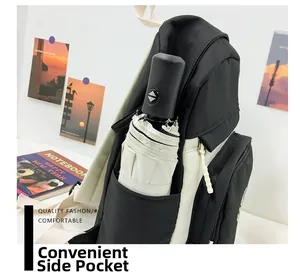 Détail montrant la poche latérale pratique du sac à dos en toile avec un parapluie blanc