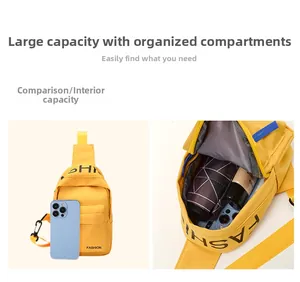 Detailed view of yellow canvas chest bag showing large capacity and internal compartments