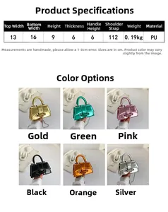 Detailed size specifications and multi-color selection for mini metallic PU handbag