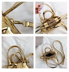 Detail of gold metallic mini shell bag showing brown drawstring closure and sleek straps