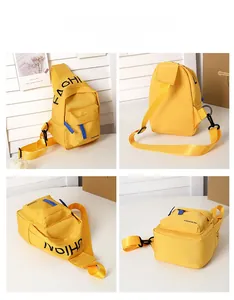 Multi-angle details of yellow canvas kids chest bag showing front, back and side views