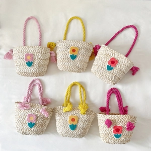 Kids Straw Woven Shoulder Bag Floral Embroidery Cotton Rope Handle Summer Beach Handbag For Toddler Girls