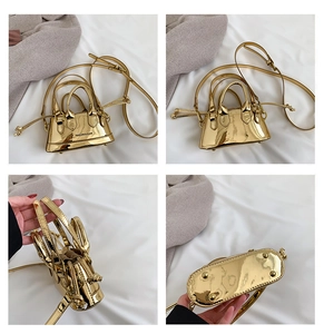 Detailed views of gold patent leather mini bag with double handles and base studs