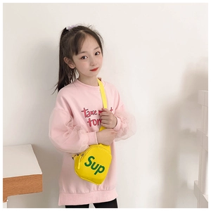 Pink crewneck sweatshirt with mesh sleeves paired with a yellow crossbody waist bag for kids