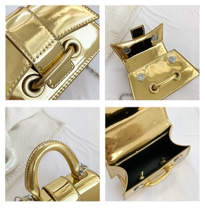 Detailed views of gold mirror mini handbag featuring magnetic closure and bead chain