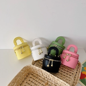 Mini Sac À Bandoulière Cylindre Pour Filles En Cuir PU Sac À Main Tendance Avec Breloques Boules Dorées Enfant
