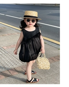Kids summer fashion set featuring knit handbag, straw hat, and elegant black dress