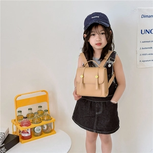 Classic beige PU leather kids backpack with vintage flap design and gold studs