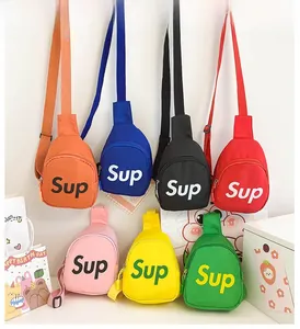 Detail view of colorful nylon chest bags with Sup print and adjustable straps