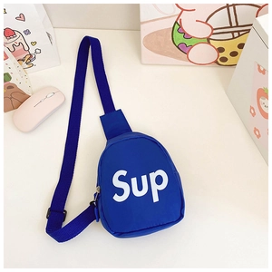 Detail of blue canvas chest bag with white letter print and adjustable shoulder strap
