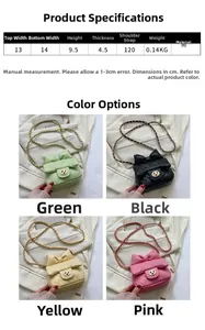 Size guide for girls mini crossbody bag featuring dimensions and four available colors
