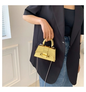 Close-up of a mini metallic gold handbag with silver bead chain strap on model