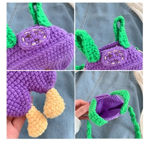 Detail view of handmade purple crochet monster bag showing stitching and inner capacity
