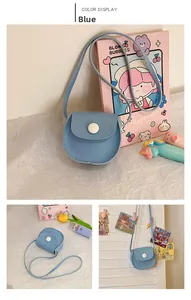 Detail view of mini blue PU leather child shoulder bag with magnetic button closure