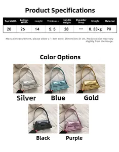 Detailed size chart for trapezoid glossy patent leather baguette bags in various metallic colors