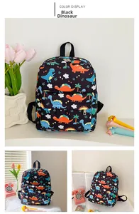 Front and multi-angle view of black kids backpack with colorful dinosaur pattern