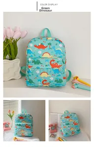 Close-up of lightweight mint green kids backpack featuring various cartoon dinosaur prints