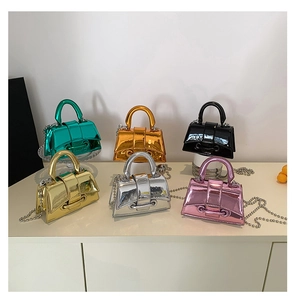 Detailed collection of mini glossy handbags in six colors with metal ball chains