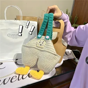 Handmade Crochet Shoulder Bag Creative Bib Pants Design Knitting Crossbody Purse Faux Artificial Pearl Chain For Women Girls