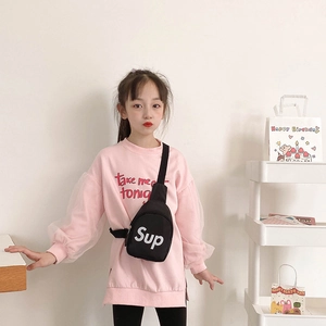 Kids black canvas chest bag with white letter print and adjustable strap for daily casual use