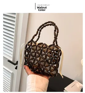Detail of walnut-colored woven wooden bead bag with a cream drawstring liner
