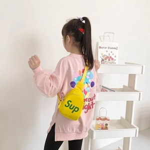 Vibrant yellow kids canvas crossbody bag with green Sup letter print for casual daily wear
