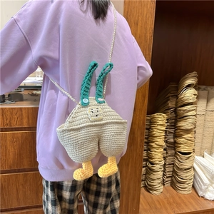 Handmade crochet duck overall crossbody bag with white pearl chain and green straps