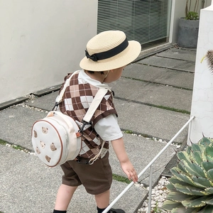Sac à dos rond pour enfant en toile avec broderie d'ours et bretelles réglables