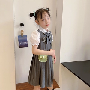 Girl's school style pleated dress set with white shirt and green mini crossbody bag