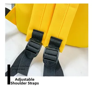 Close-up of adjustable black nylon shoulder straps and plastic buckles on children canvas bag