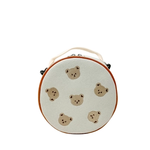 Sac à dos rond mignon pour enfants en toile avec broderie d'ours et bordure en cuir