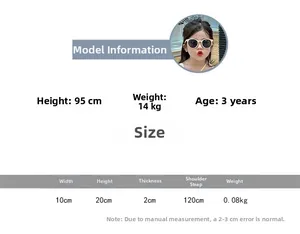 Size chart for children's knitted clown crossbody bag with detailed dimensions and model info
