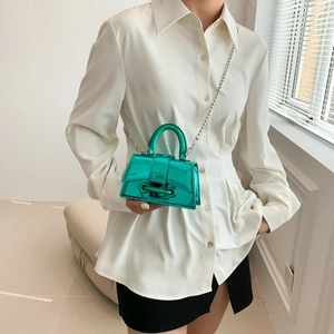 Mini shiny green metallic handbag with silver bead chain strap for stylish women