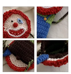 Detail showing the handmade crochet stitching and interior of the colorful clown bag