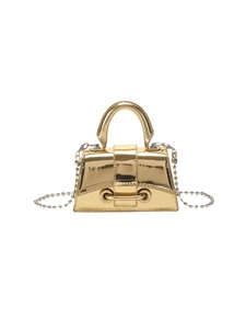 Glossy golden hourglass mini handbag with metallic finish and beaded chain strap