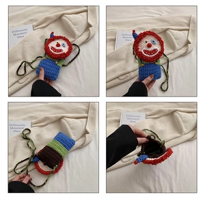 Detailed four-view collage of handmade crochet clown crossbody bag for girls
