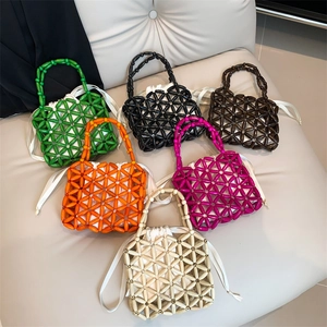 Kids Handwoven Beaded Handbag Summer Fashion Girls Hollow Wood Bead Tote With Drawstring Pouch Retro Casual Accessory