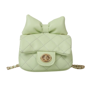 Fashionable light green girls' quilted crossbody bag with large bow and gold chain strap
