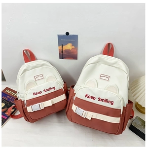Matching canvas backpack set in beige and red featuring a cute ear design and embroidery