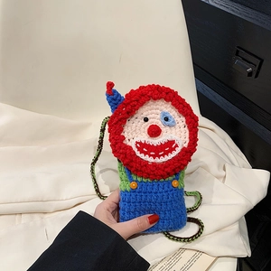 Hand Knitted Clown Doll Crossbody Bag Cotton Crochet Mini Coin Purse Cute Cartoon Shoulder Bag For Girls