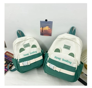 Detail of canvas backpack set showing contrast stitching and Keep Smiling embroidery