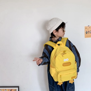 Cute yellow cartoon duck kids backpack with ergonomic canvas straps for school and travel