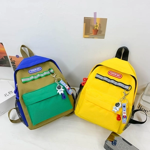 Kids Backpack Contrast Color Canvas School Bag With Reflective Strip And Astronaut Pendant For Preschool Boys Girls