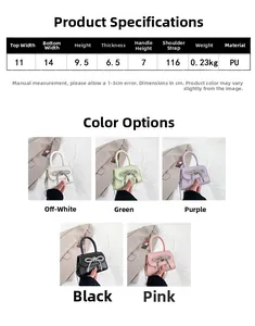 Detailed size specifications and material chart for mini PU crossbody bag with rhinestone bow