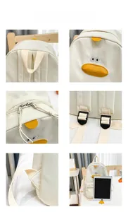 Detail view of cartoon duck backpack showing zipper, handle and adjustable straps