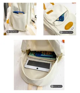 Detail view of canvas backpack featuring side pocket, front zipper pouch and large interior