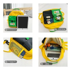 Detail view of colorful canvas kids backpack with multi-pocket layout and side mesh pockets