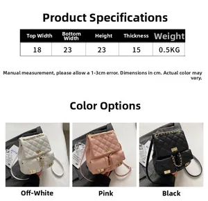 Size chart showing dimensions for a quilted chain backpack in black, pink and white