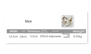 Size chart showing PU leather bear bag dimensions 13.5x18x5.5cm with adjustable strap