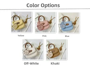 Detail showing five colors of mini cartoon bear bags with chain straps and handles